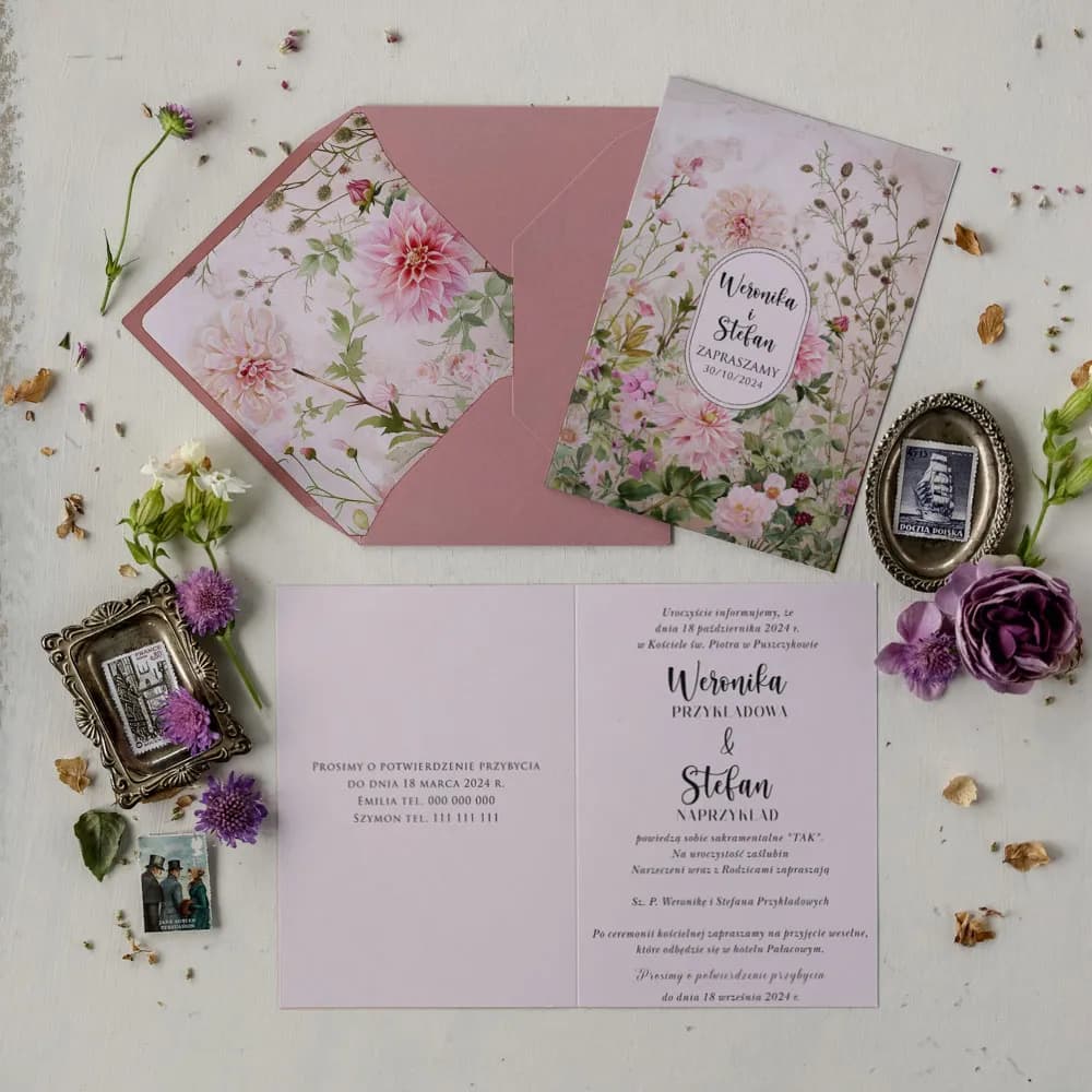 Muestra de invitación con peonías y dorado – Impresja n.º 13