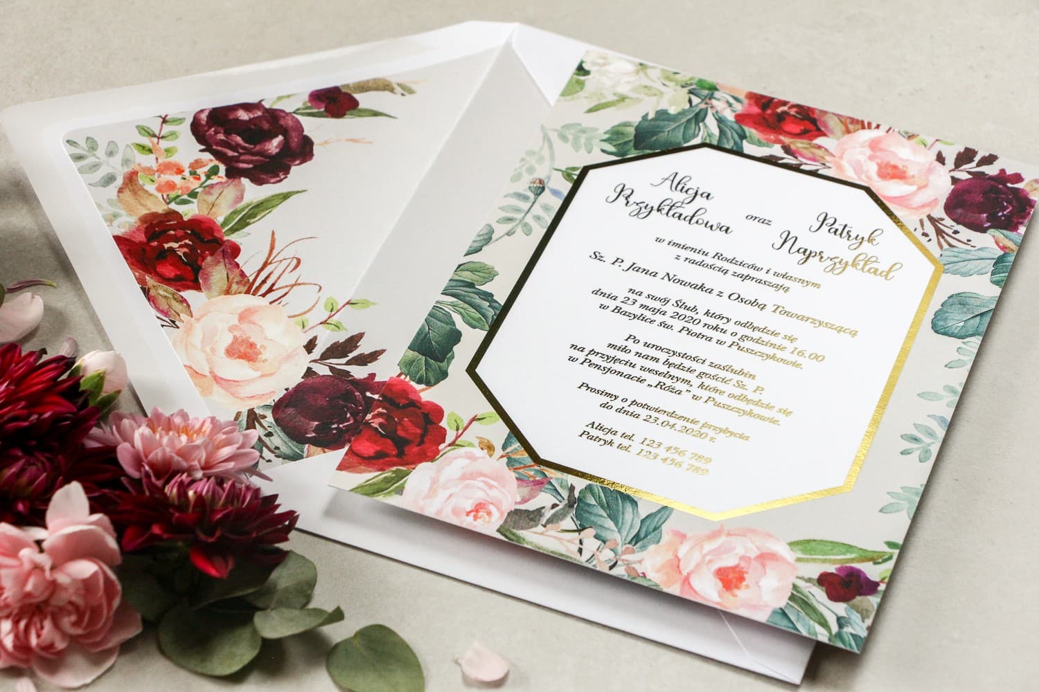 Muestra de Invitación Glamour con Peonías y Marco Dorado | Pedir Muestra de Invitaciones de Boda | Lotus nº 5