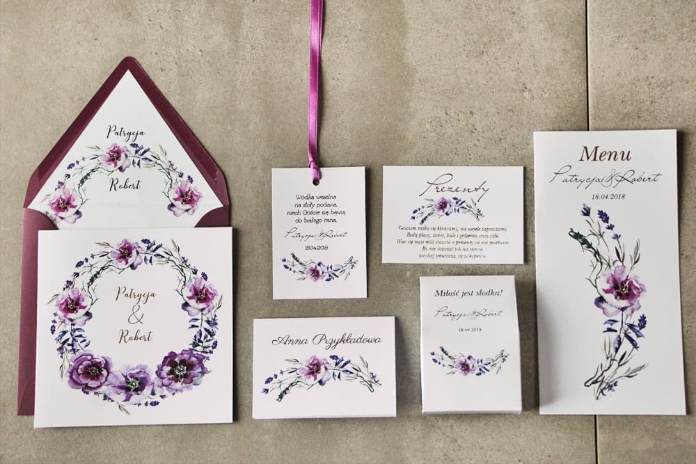 Set de Muestras de Papelería Nupcial Guirnalda Violeta | Invitaciones de Boda Boho con Dorado | Cykade nº 9