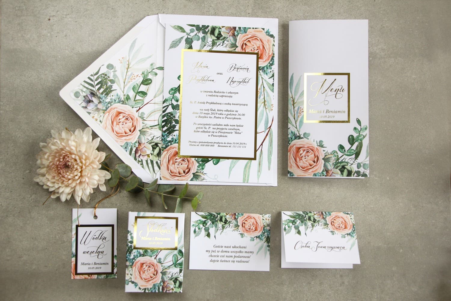 Muestras de Invitaciones de Boda Doradas, Set Completo | Muestras de Papelería Nupcial | Flores n.º 4