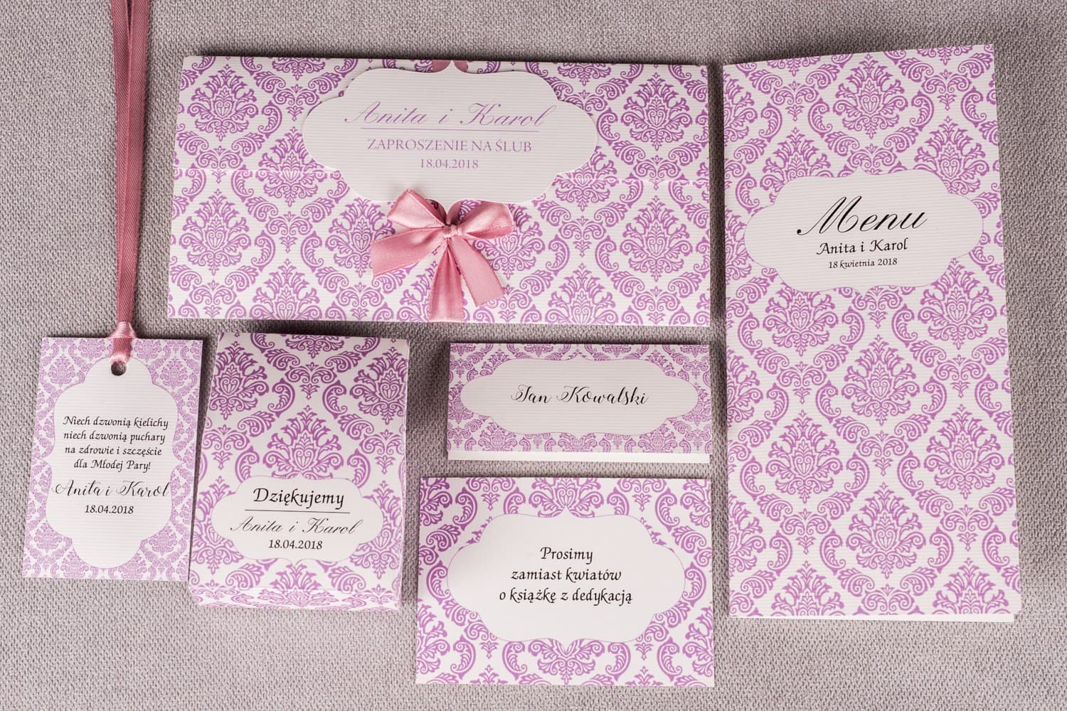 Muestras de Invitaciones de Boda Elegantes con Lazo Rosa | Set de muestras de papelería nupcial | Madras n.º 4