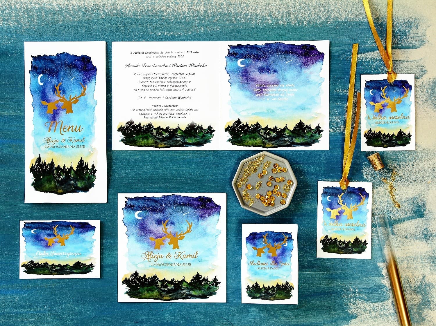 Muestras de Invitaciones Azul Marino, Ciervos Dorados | Set de Papelería Nupcial | Noche de Luna nº 9