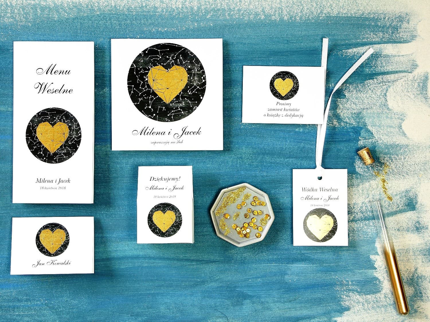 Muestras de Invitaciones de Boda Azul Marino Dorado, Motivo de Estrellas | Set de Prueba de Papelería | Noche Lunar nº 2