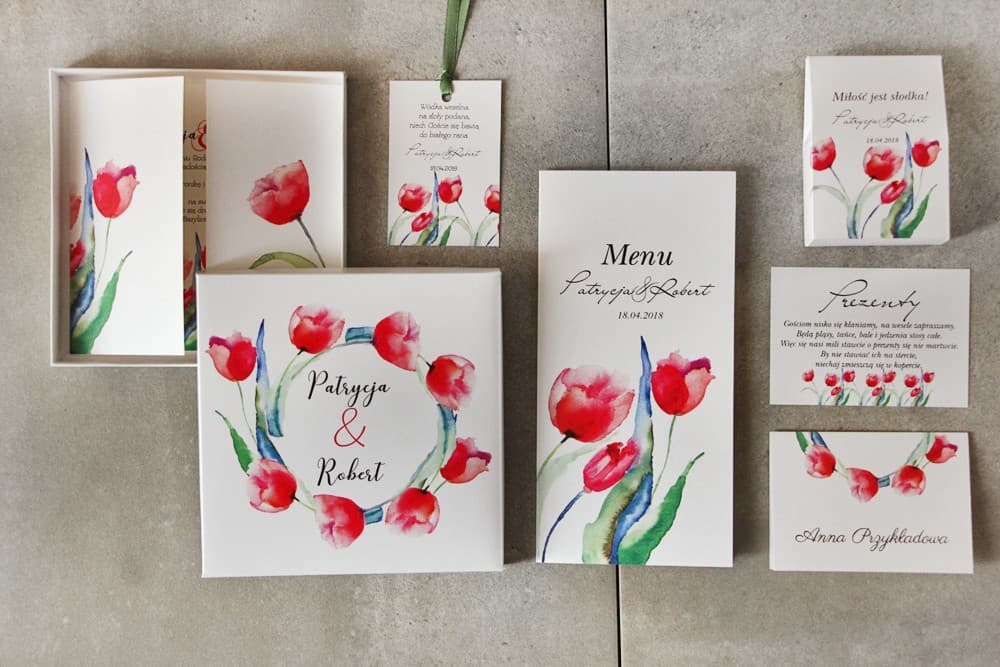 Set de Muestras de Papelería de Boda con Tulipanes Rojos y Cupón de Descuento | Muestras de Invitaciones | Pistacho nº 5