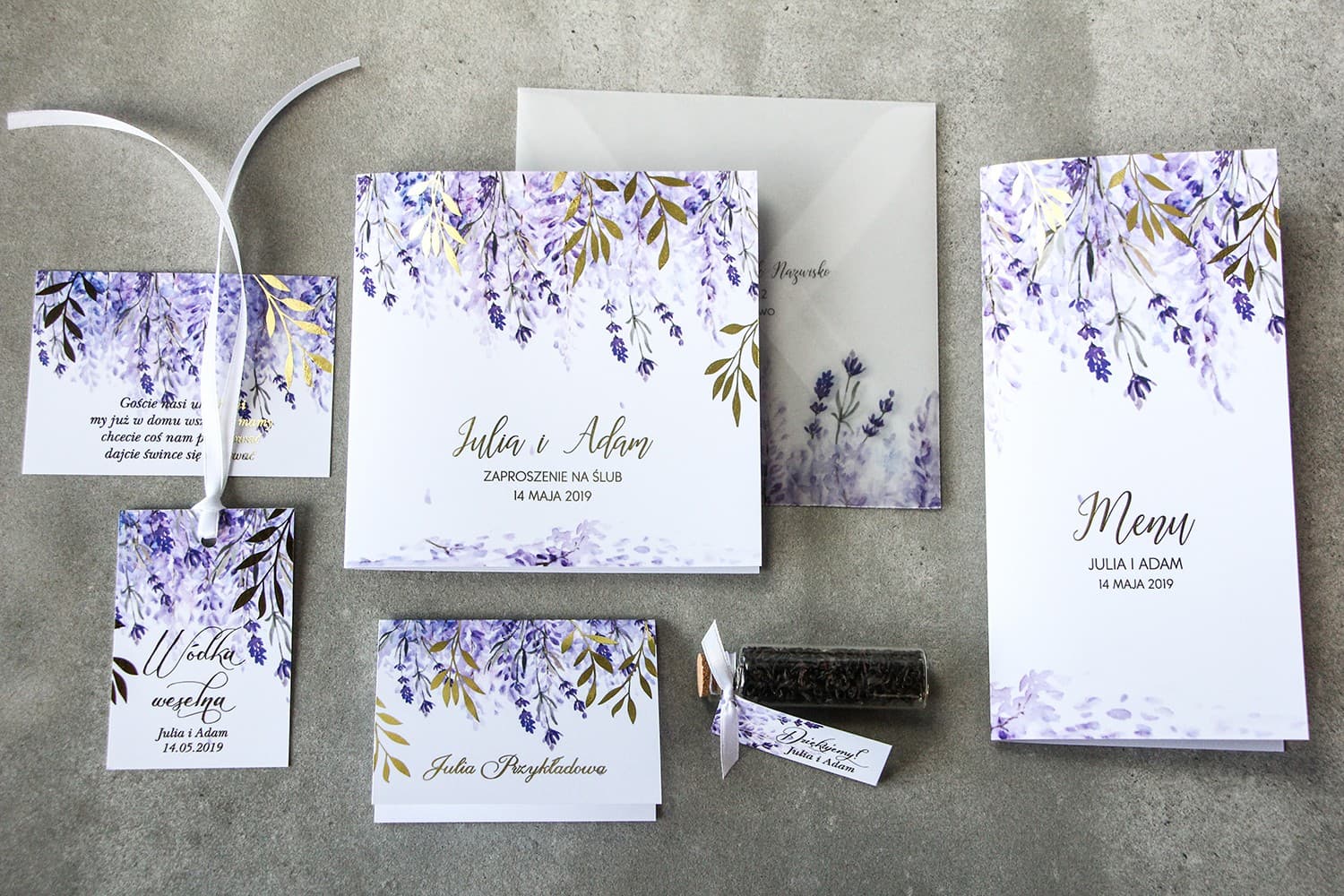 Muestras de Invitaciones de Boda Rubin nº 5 – Estilo Glamour Dorado con Brezo