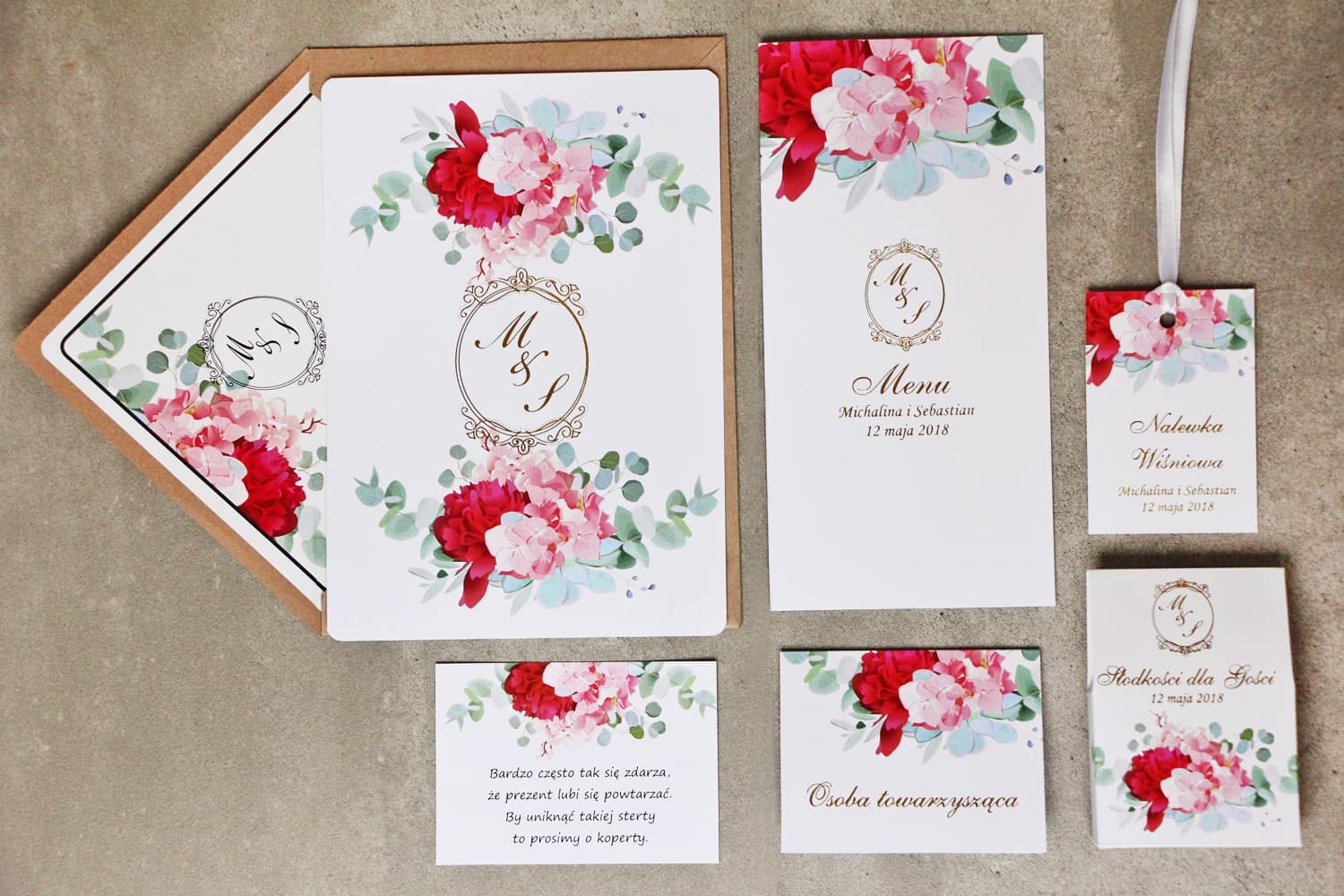 Muestras de Invitaciones de Boda Doradas | Set de Papelería con Peonía y Eucalipto | Sorento n.º 14