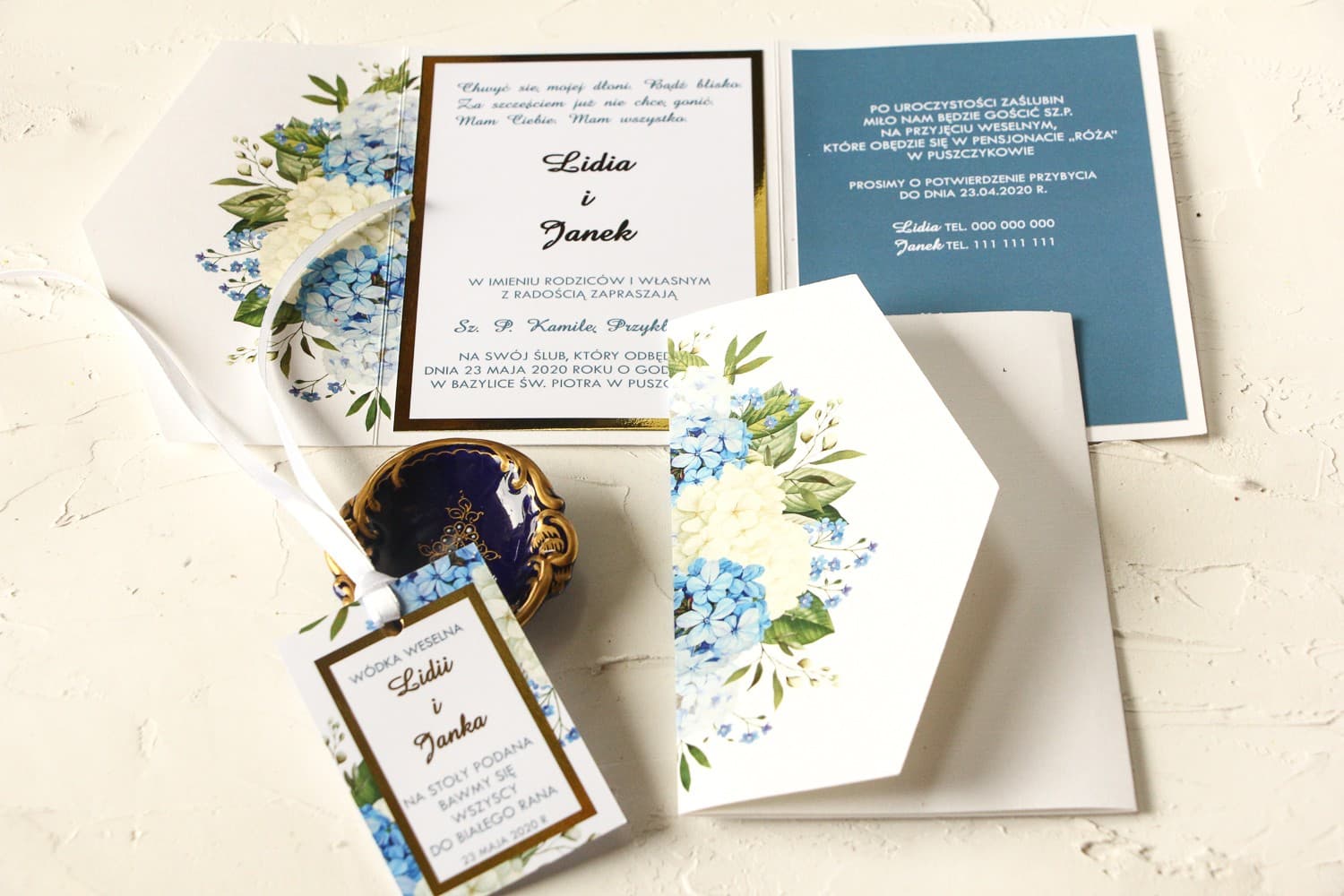 Muster der Hochzeitseinladung mit Hortensie und Goldrahmen | Elegante Einladungskarten Muster | Avril Nr. 1