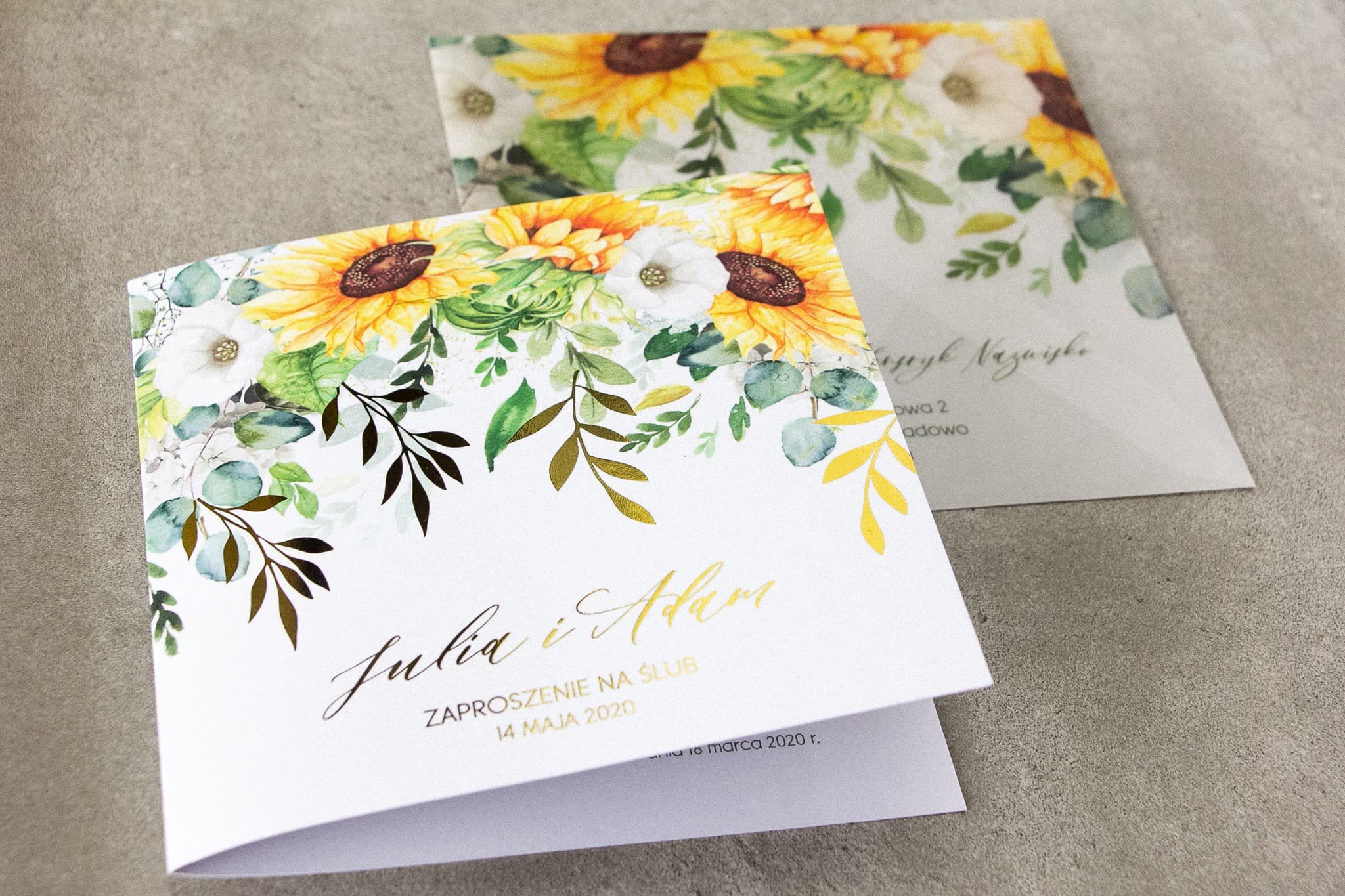 Muster der Hochzeitseinladung Rubin Nr. 7 – Sonnenblumen und goldene Zweige