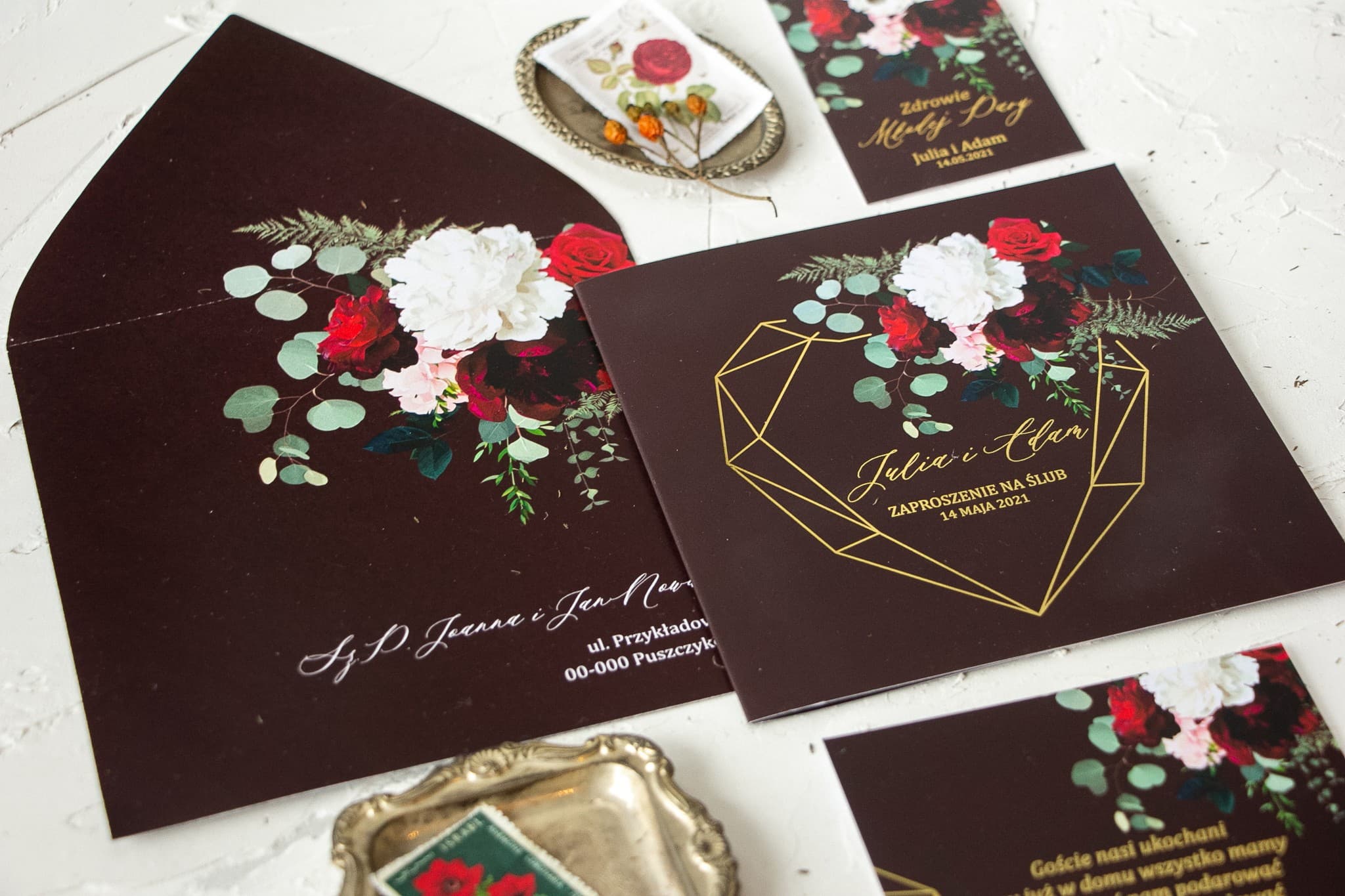 Musterkarte Hochzeitseinladung Burgund & Gold | Kollektion Szafirowe Nr. 9