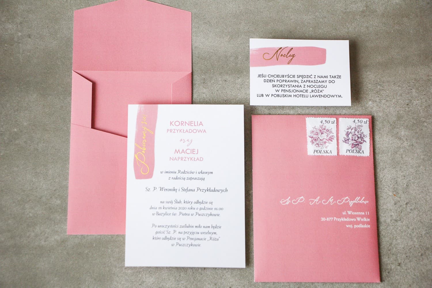 Muster der Hochzeitseinladung mit Aquarell in Puderrosa und Gold - Verte Nr. 2