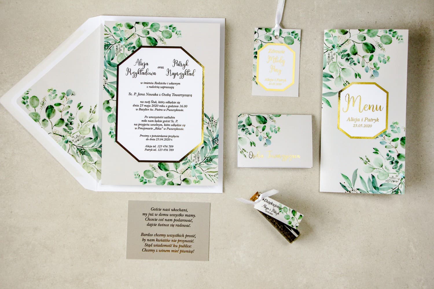 Muster Hochzeitseinladungen Botanisch mit Eukalyptus | Muster-Set Hochzeitspapeterie | Lotus Nr. 3