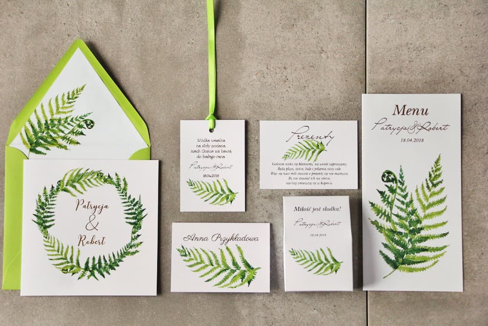 Muster-Set für Hochzeitseinladungen und Papeterie mit 2,50 € Gutschein | Grüne Zierkarten mit Goldfarn | Cykade Nr. 11