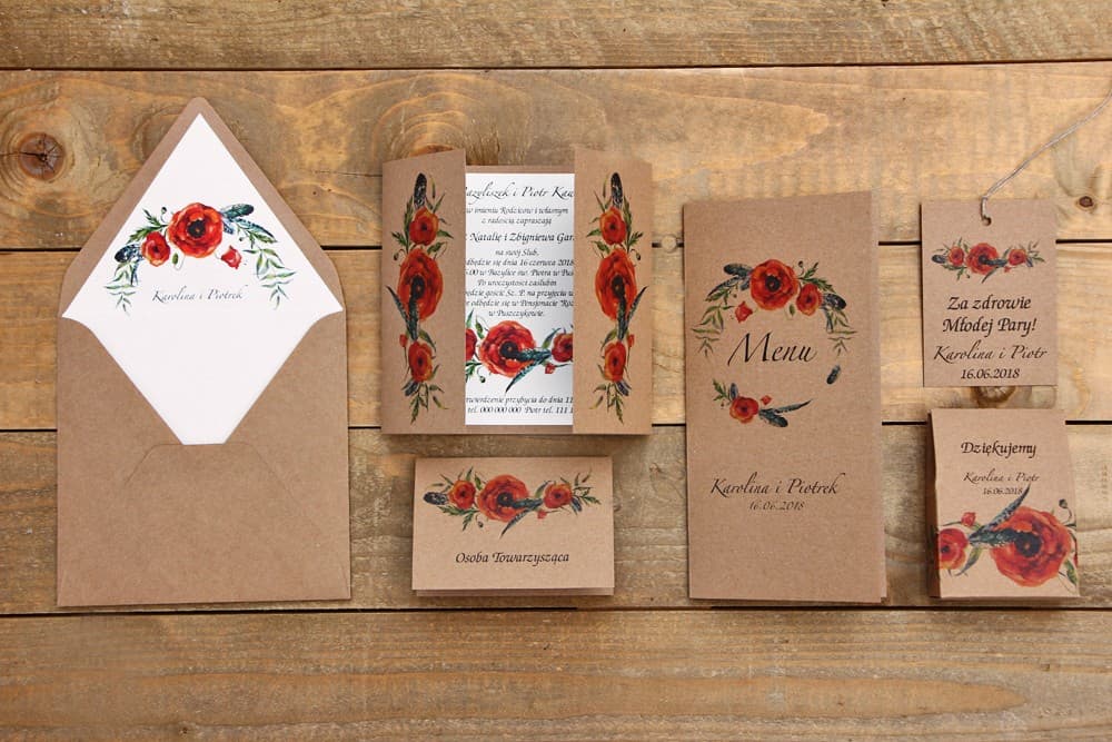 Muster-Set für Hochzeitspapeterie Rustikale Mohnblumen | Muster Hochzeitseinladungen Wald | Owoce Leśne Nr. 6
