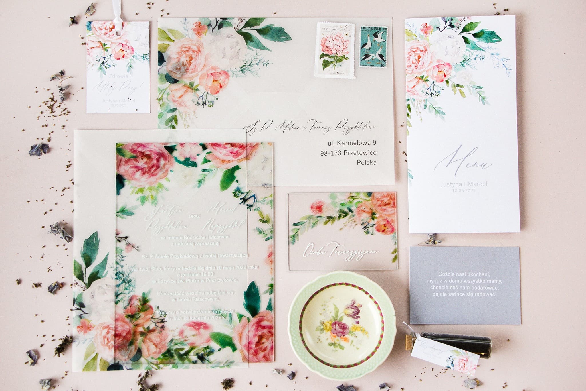 Muster-Set Hochzeitseinladungen auf Glas und Accessoires | Soft Nr. 1