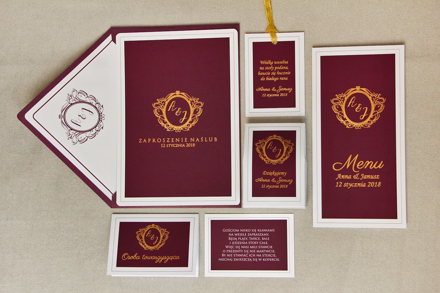 Muster-Set Hochzeitseinladungen Bordeaux Gold | Probeset Hochzeitspapeterie | Sonata Nr. 6
