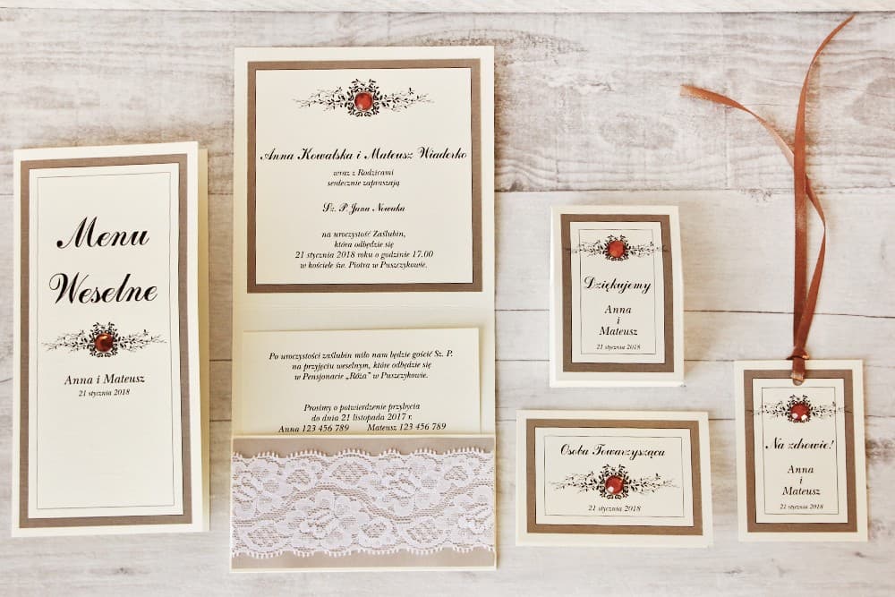 Muster-Set für Hochzeitspapeterie mit Spitze, 10 € Gutschein | Einladungskarten-Muster, Hochzeitszubehör | Kollektion Z Koronką Nr. 4