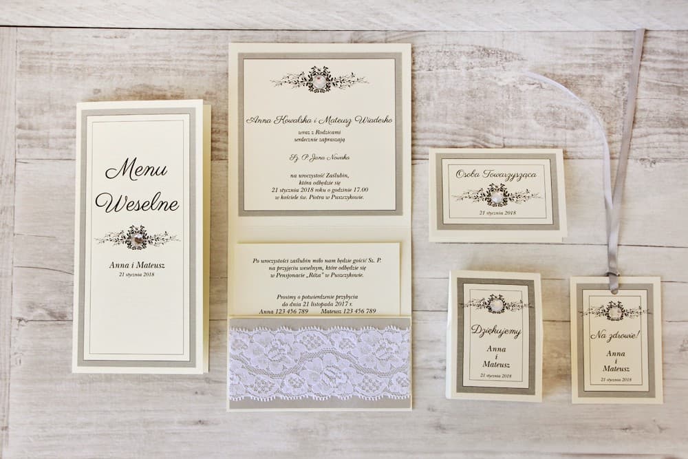 Muster-Set: Hochzeitseinladungen mit Spitze, Tischkarten, Menü | Elegante Muster-Kollektion | Z Koronka Nr. 7