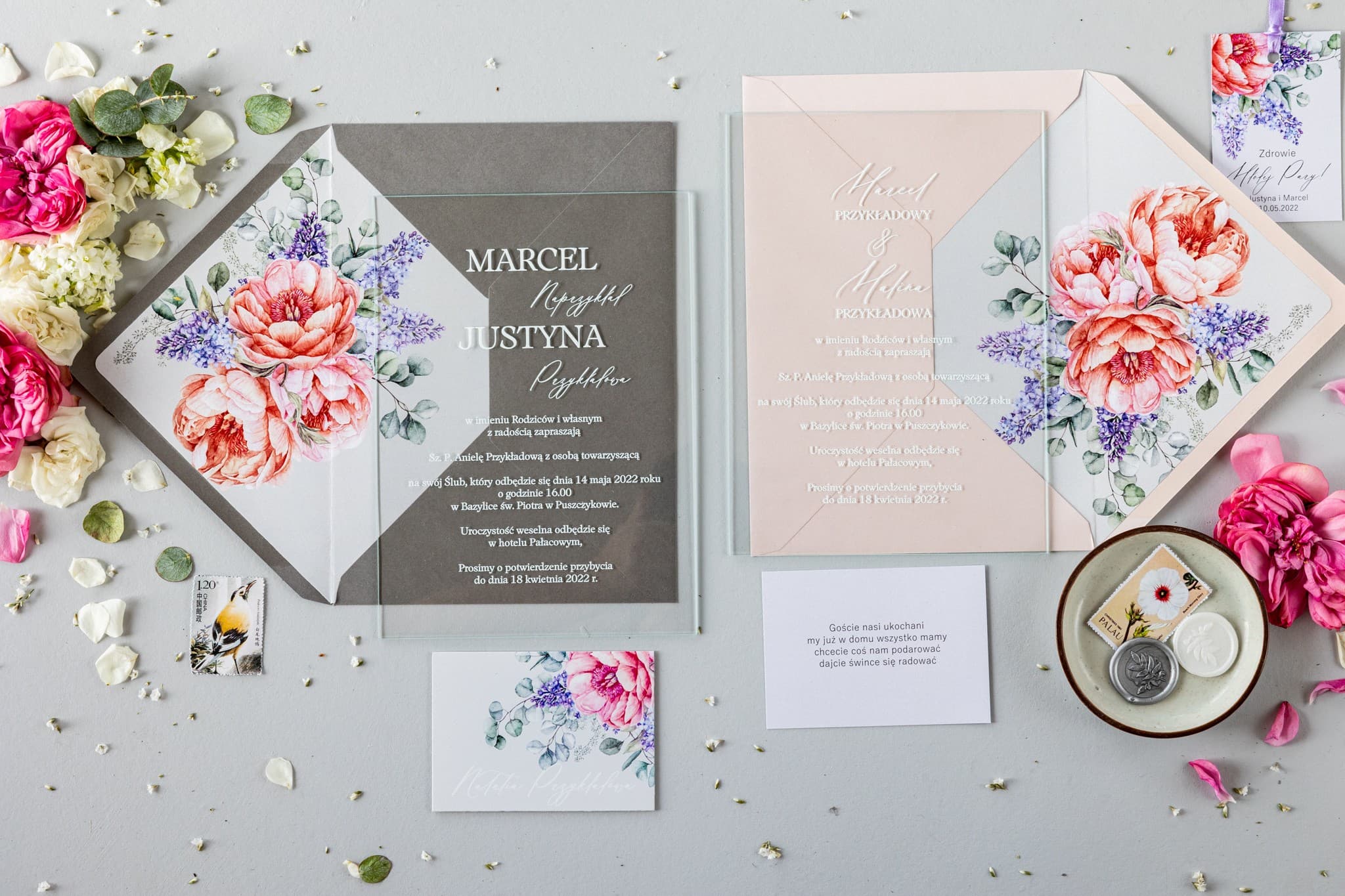 Muster-Set Hochzeitseinladungen auf Glas Soft Nr. 7 – Set mit Tischkarte