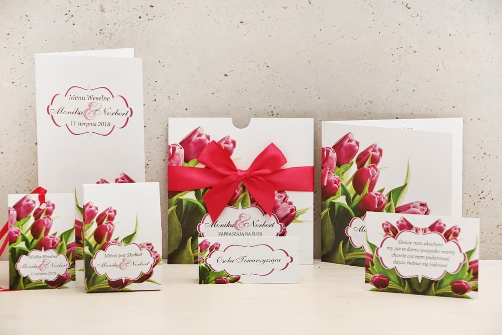 Muster-Set für Hochzeitspapeterie Rosa Tulpen, 10 PLN Gutschein | Muster Hochzeitseinladungen & Accessoires | Kollektion Felicja Nr. 7