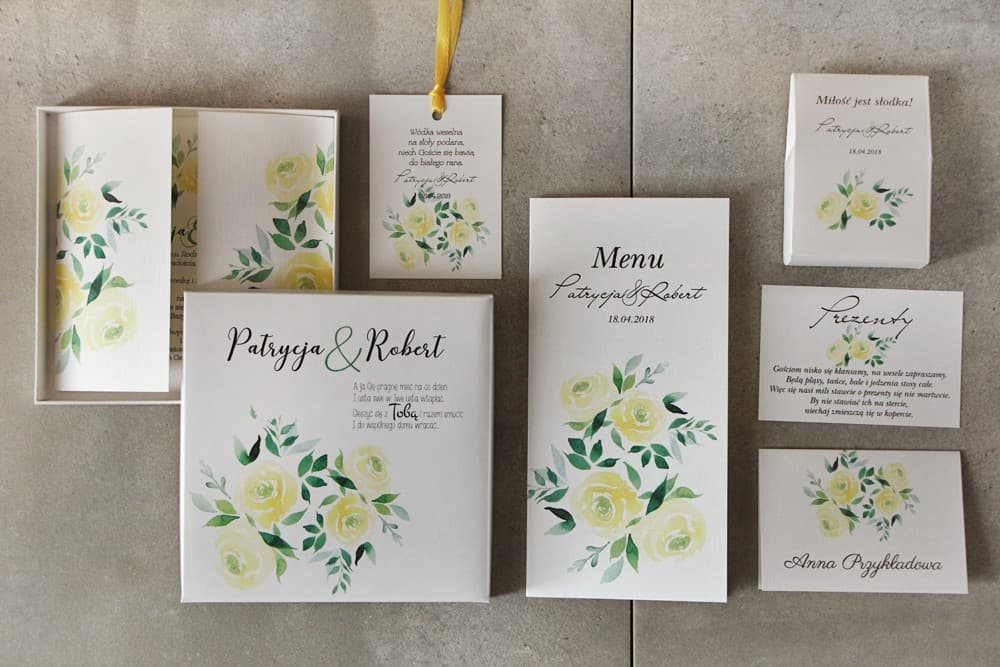 Muster-Set für Hochzeitspapeterie mit Gutschein – Qualität und Farbe live erleben | Muster-Einladungskarten mit gelben Rosen | Pistacjowe Nr. 9