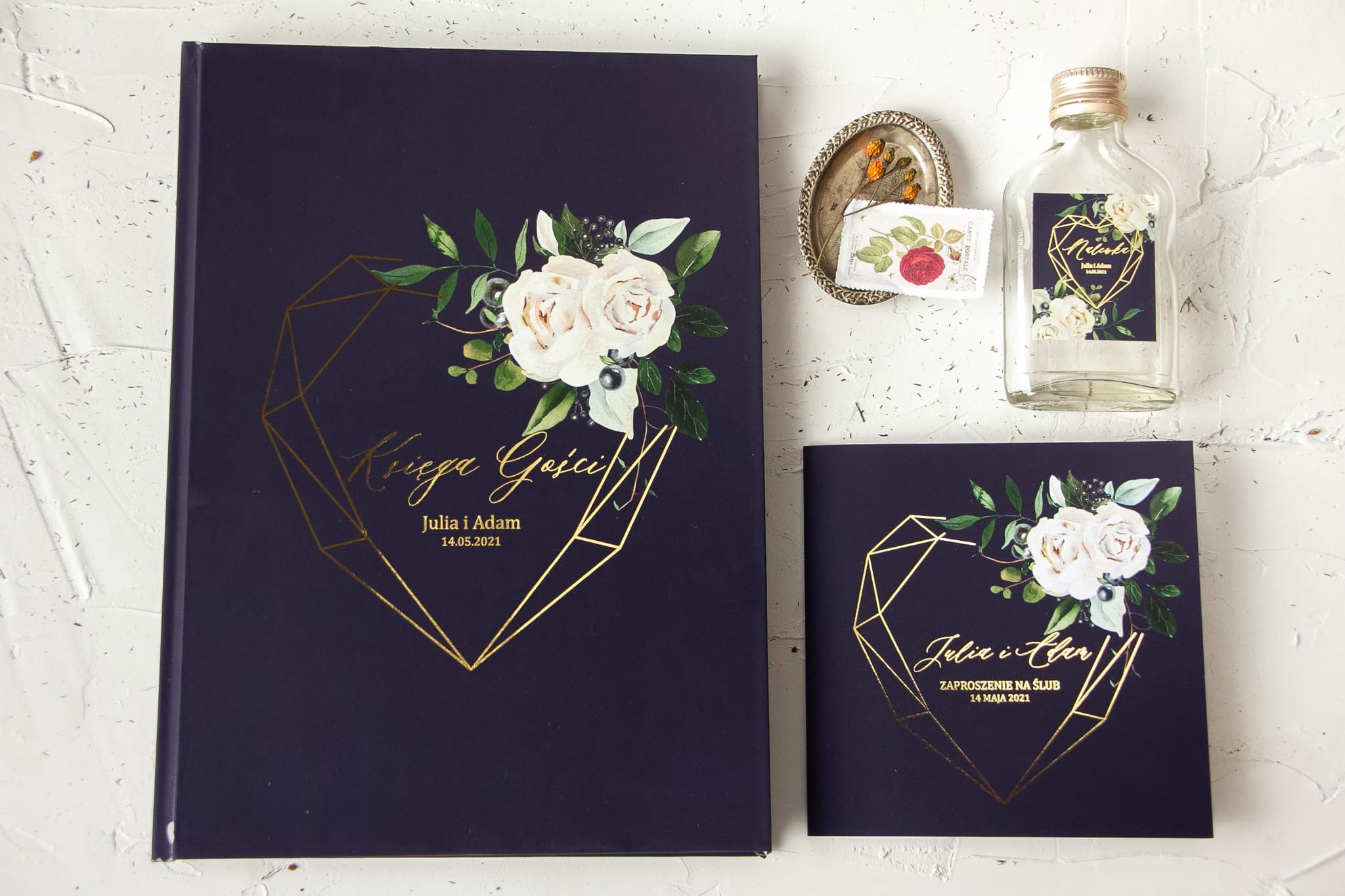 Navy Blue Guest Book with Gilded Geometric Heart | Personalized Wedding Guest Book | Szafirowe Design 7 - 2