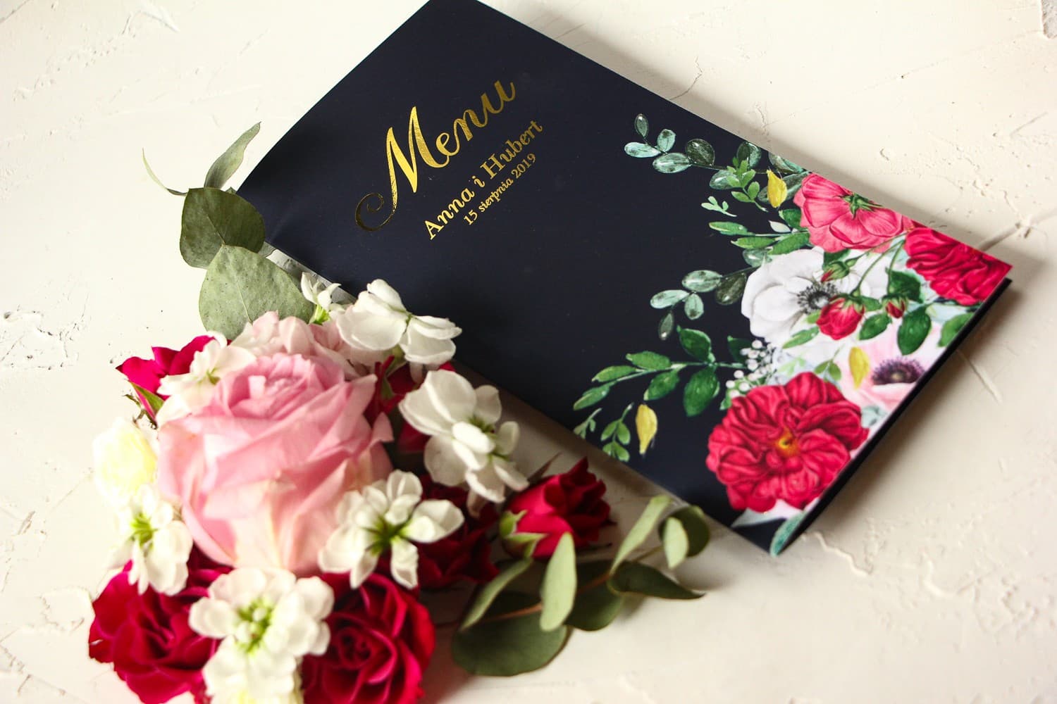 Elegant Gilded Navy Blue Wedding Menu with Peonies | Wedding Table Menu Card | Szafirowe No. 4