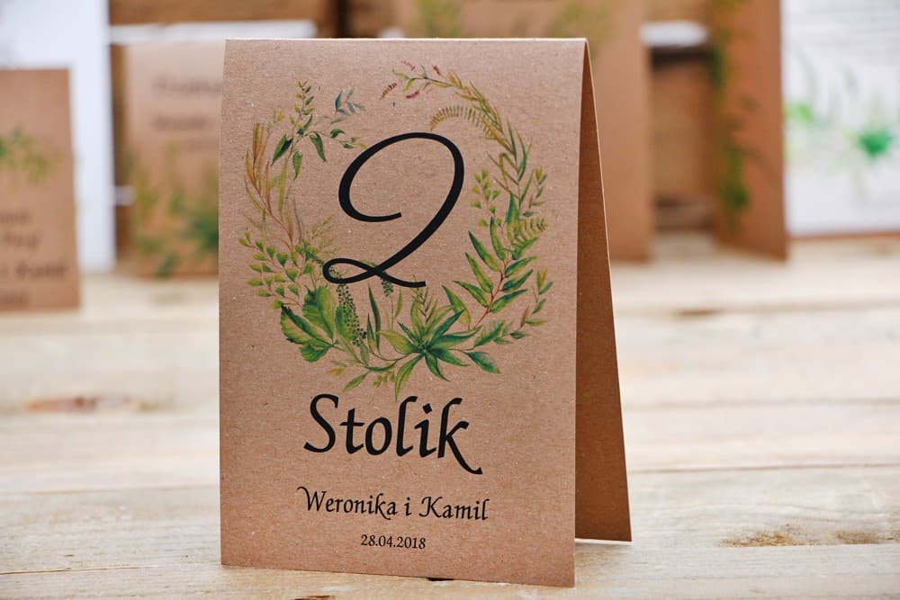 Numery stolików, stół weselny, ślub - Owoce Leśne nr 2 - Polna trawa, greenery - dodatki ślubne