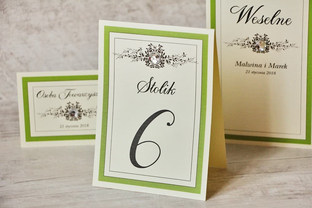 Numery stolików, stół weselny, ślub - Z Koronką nr 6 - Zielone akcenty, z cyrkonią, eleganckie dodatki ślubne