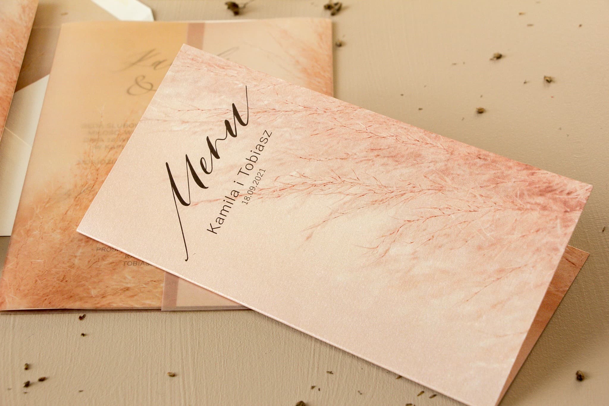 Pampas Grass Wedding Menu on Ecru Pearl Paper | Elegant Wedding Table Menu | Opal No. 1