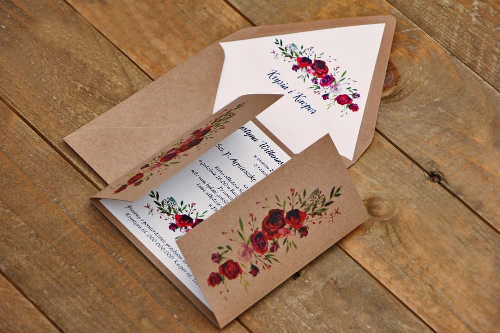 Partecipazioni di nozze pieghevoli carta kraft fiori bordeaux Amelia Wedding