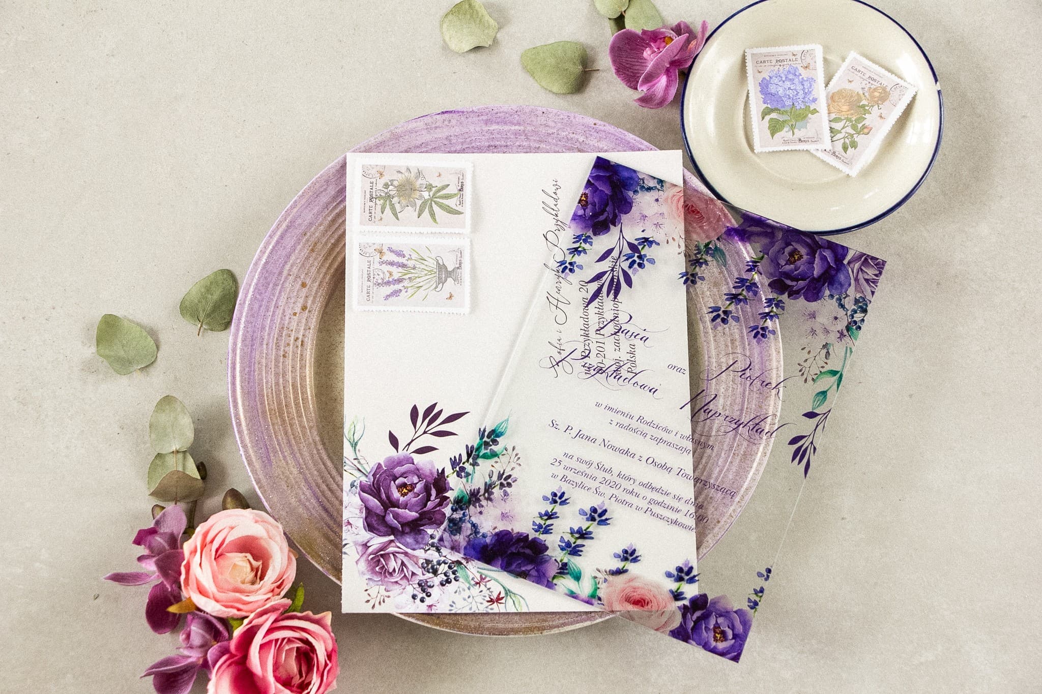 Eleganti partecipazioni nozze su vero vetro con motivo lavanda Amelia Wedding