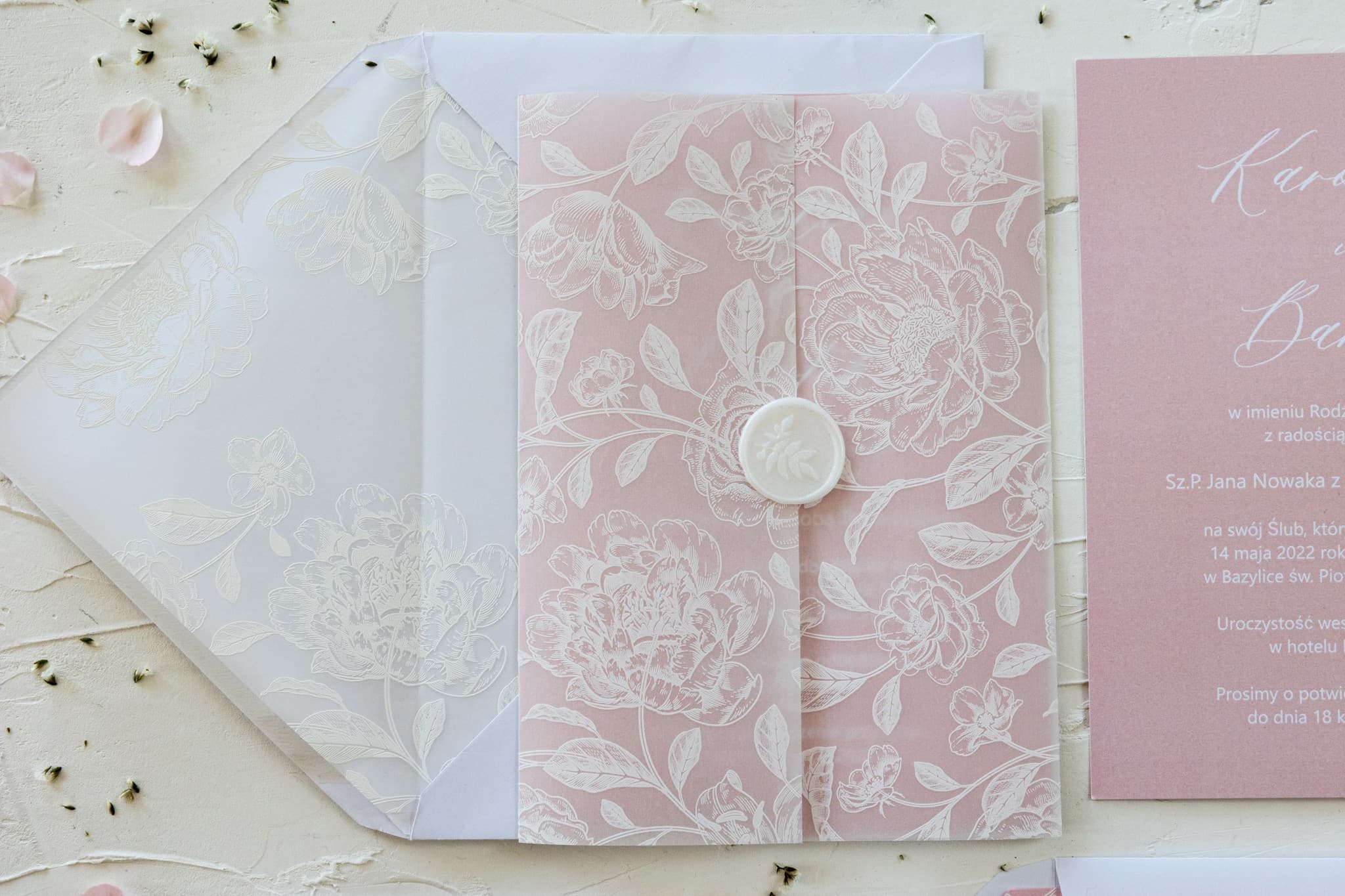 Zaproszenia ślubne glamour z kalką Nefryt nr 1 pudrowy róż Amelia Wedding