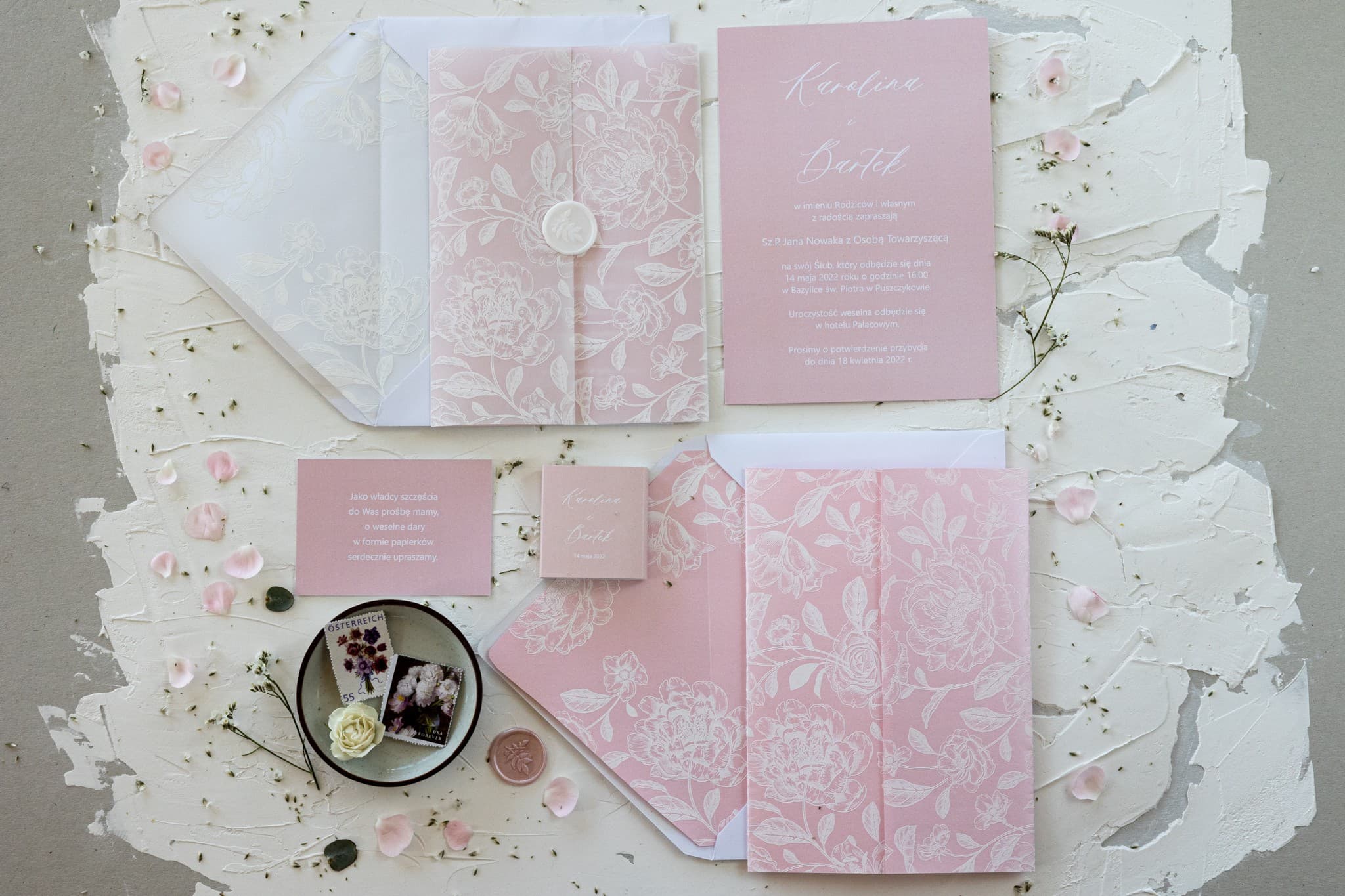 Zestaw papeterii ślubnej pudrowy róż Nefryt nr 1 z winietkami Amelia Wedding