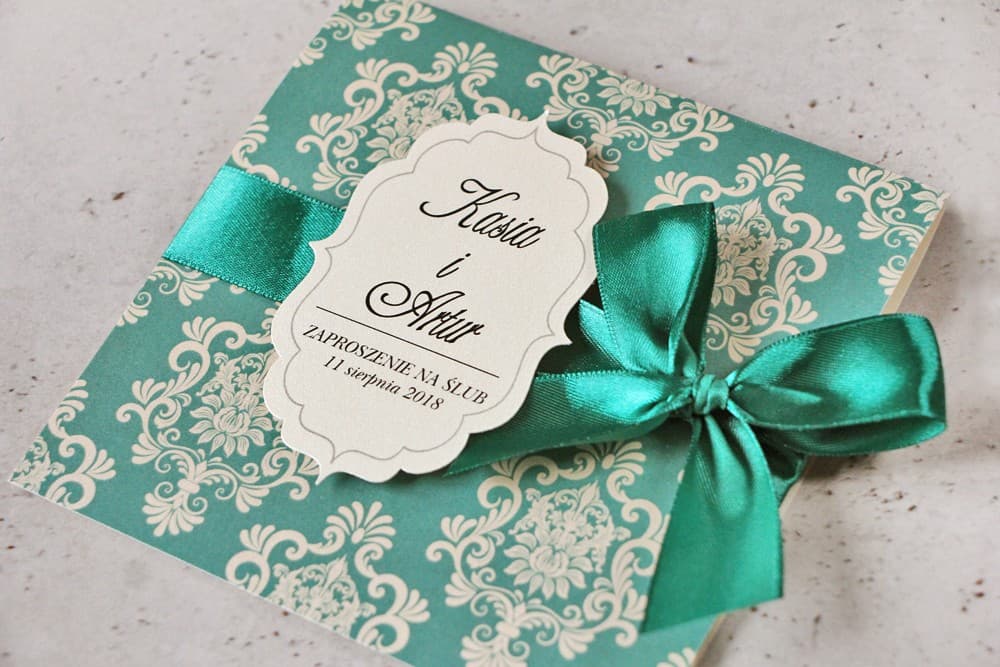 Pearl Wedding Invitations with Emerald Bow and Gold Ornament – Ornament Design 9
