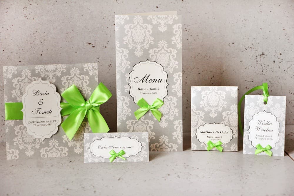 Elegant Ornament No. 4 Wedding Invitations on Pearl Paper with Green Satin Bow