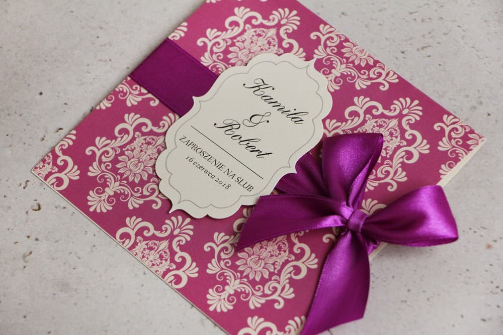 Glamour Wedding Invitations with Purple Bow and Ornament on Pearl Paper – Ornament No. 7 - 2