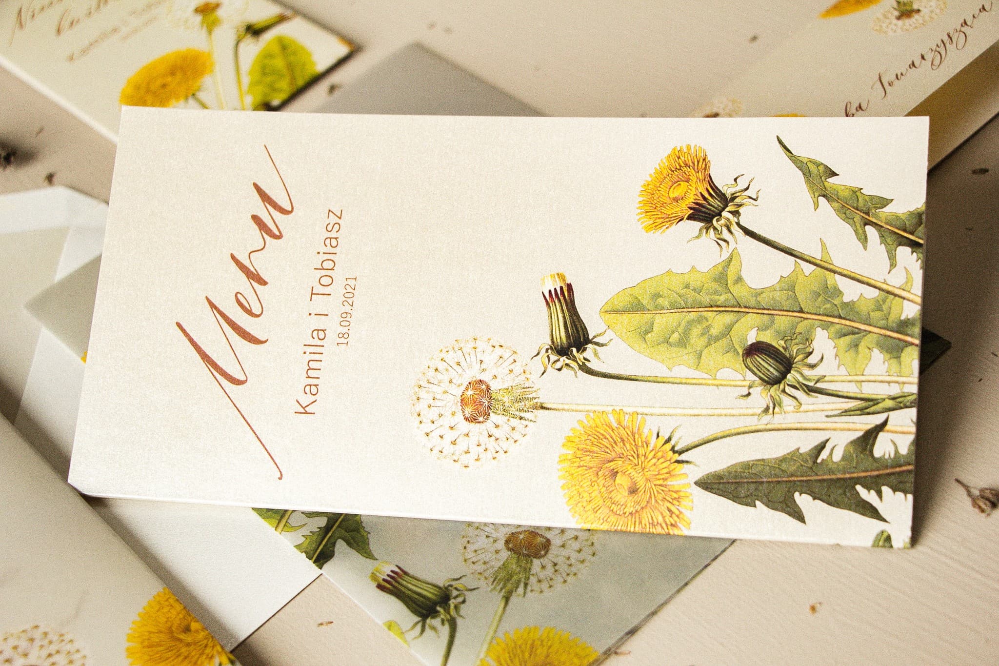 Elegant Pearlescent Wedding Menu with Dandelion | Glamour Wedding Table Menu | Opal No. 6