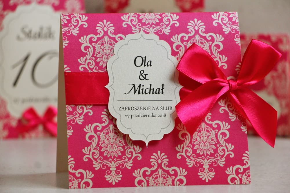 Glamour Square Wedding Invitation with Amaranth Satin Bow on Pearlescent Paper – Ornament No. 5