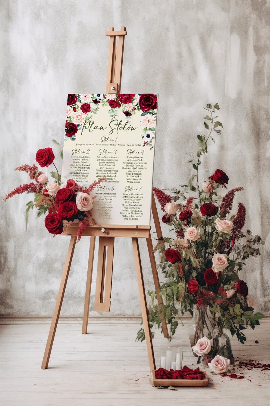 Elegante Piano Tavoli Matrimonio Fiori Borgogna Dalie | Cartello Posti Ospiti Personalizzato | Korani n. 4