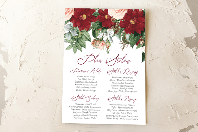 Piano Tavoli Nuziali con Dalie Borgogna | Tabella Floreale Schema Posti | Wenis n. 3