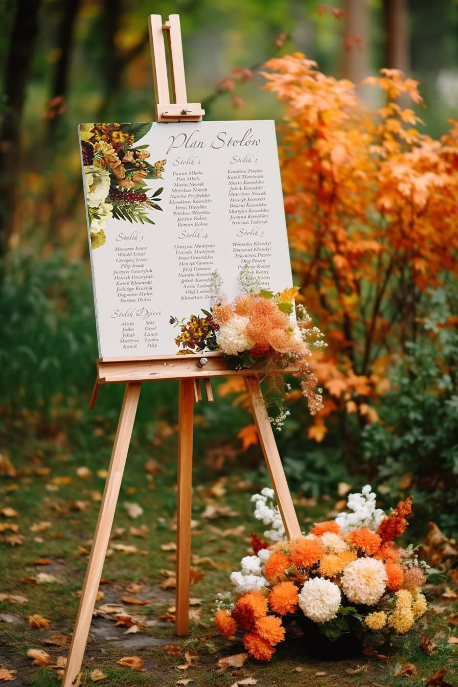 Piano Tavoli Nuziale in stile autunnale con bouquet botanico in stile vintage