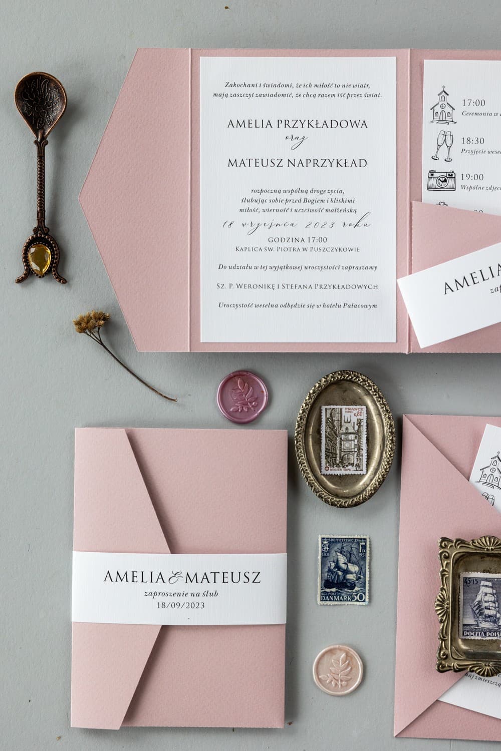 Kraft No. 9 Wedding Invitation – Pink with Linen Belly Band - 4