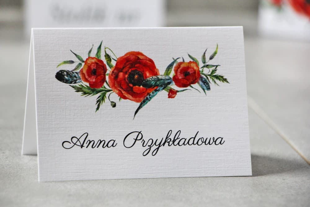 Pistachio No. 19 Wedding Place Cards – Rustic Table Cards with Red Poppy Motif