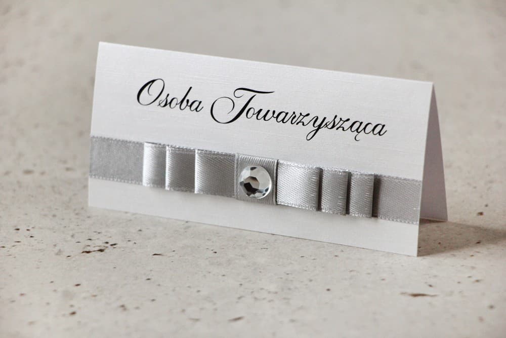 Amaretto No. 3 Wedding Place Cards – Pearl Paper with Silver Bow and Cubic Zirconia