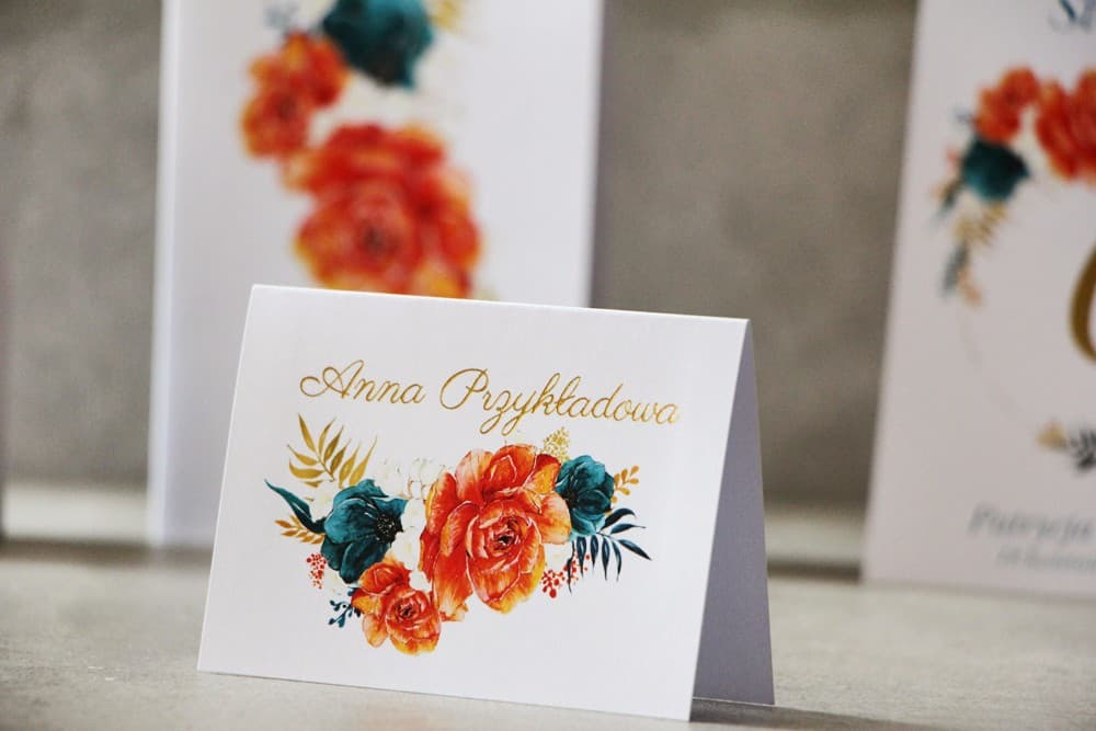 Wedding Place Cards Cykade No. 6 – Gilded Table Cards with Emerald Anemone and Rose