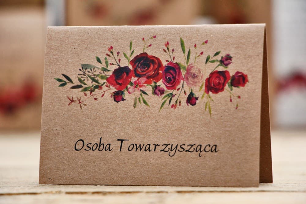 Forest Fruits No. 3 Wedding Place Cards – Burgundy Roses on Eco Paper