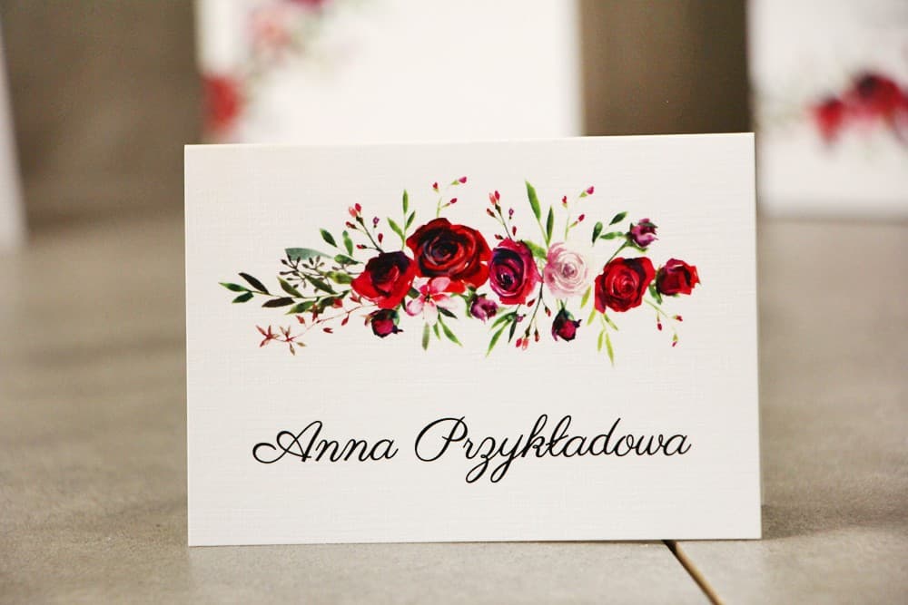 Pistachio No. 18 Wedding Place Cards – Elegant Table Cards with Burgundy Roses