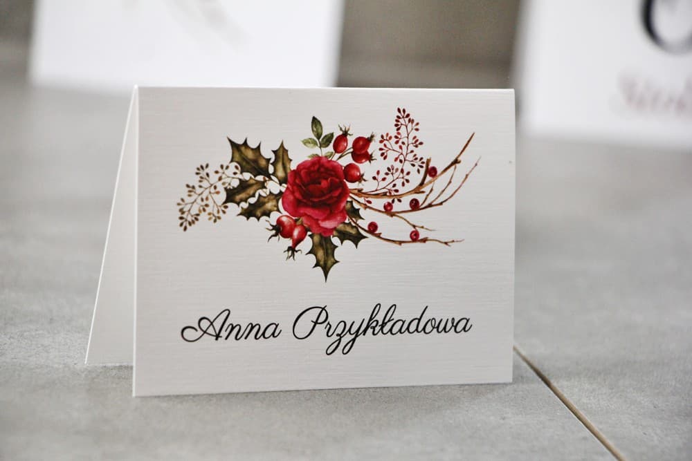 Wedding Place Cards Pistacjowe No. 14 – Linen Table Cards with Red Rose