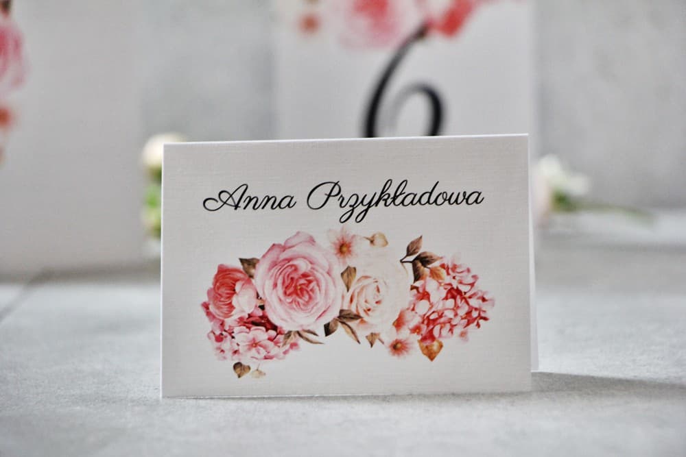 Pistacjowe No. 23 Wedding Place Cards – Floral Table Name Cards with Rose and Hydrangea