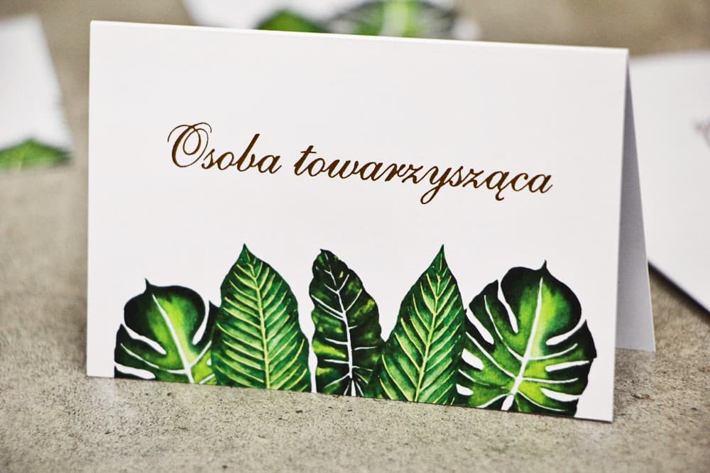 Sorento No. 12 Wedding Place Cards – Foiled Tropical Leaf Design